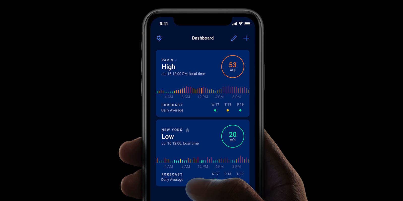 Plume Labs' air quality app on an handled iPhone.